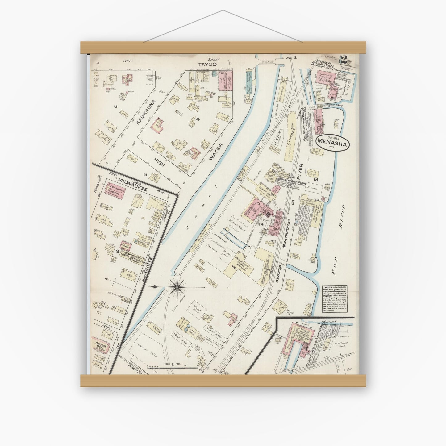 Old map wall art mockup — magnetic wood frame on white wall — Sanborn Fire Insurance Map from Menasha, Winnebago County, Wisconsin (1884), Sheet #0002