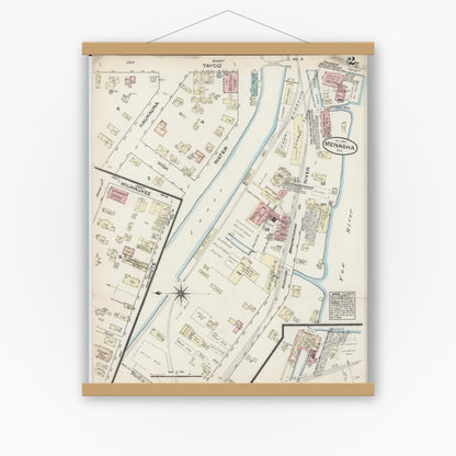 Old map wall art mockup — magnetic wood frame on white wall — Sanborn Fire Insurance Map from Menasha, Winnebago County, Wisconsin (1884), Sheet #0002