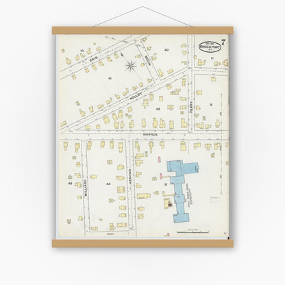 Old map wall art mockup — magnetic wood frame on white wall — Sanborn Fire Insurance Map from Brockport, Monroe County, New York (1892), Sheet #0007