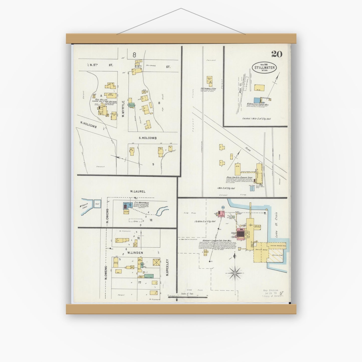 Old map wall art mockup — magnetic wood frame on white wall — Sanborn Fire Insurance Map from Stillwater, Washington County, Minnesota (1898), Sheet #0020