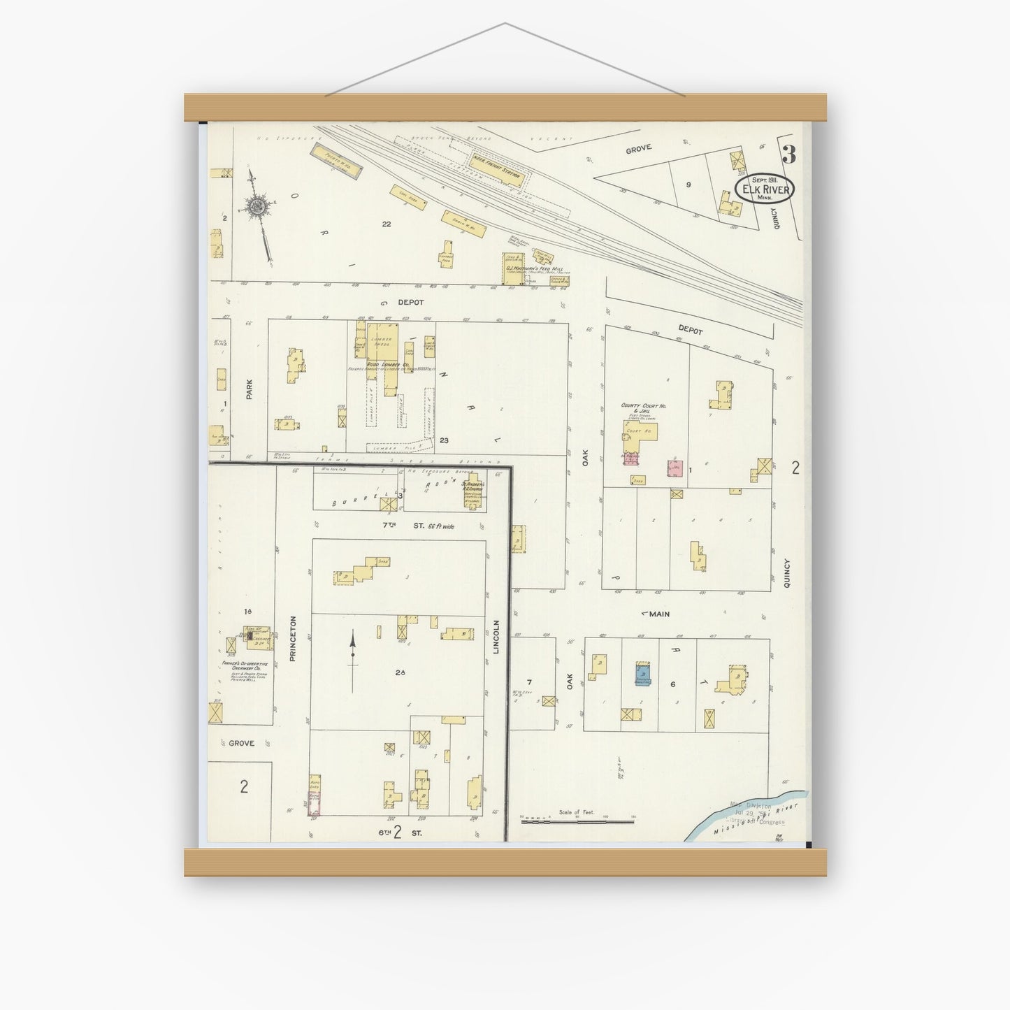 Old map wall art mockup — magnetic wood frame on white wall — Sanborn Fire Insurance Map from Elk River, Sherburne County, Minnesota (1911), Sheet #0003