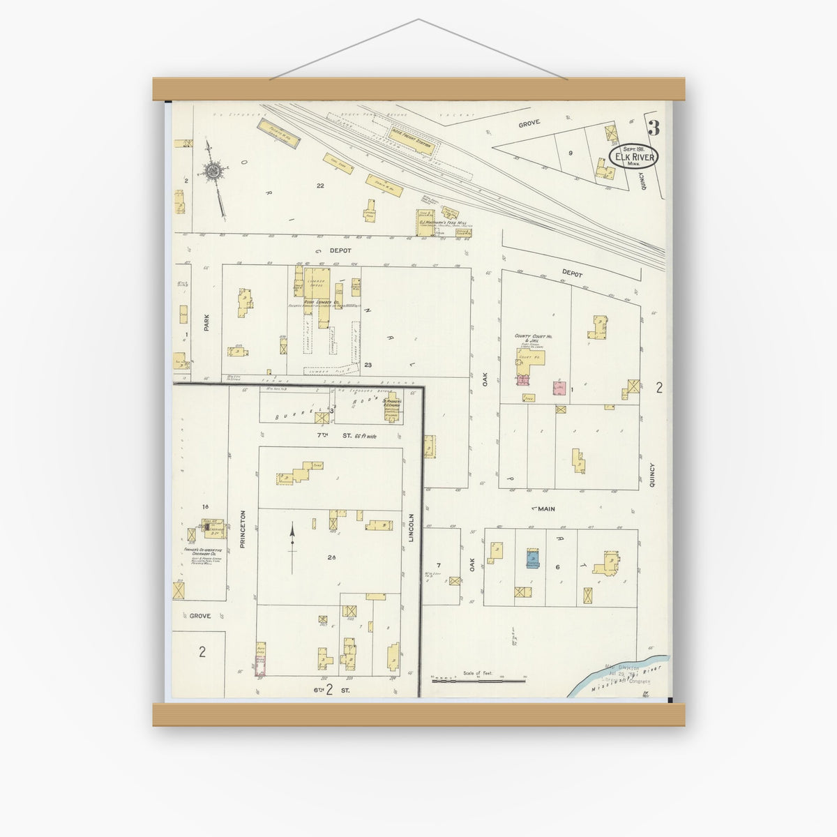 Old map wall art mockup — magnetic wood frame on white wall — Sanborn Fire Insurance Map from Elk River, Sherburne County, Minnesota (1911), Sheet #0003