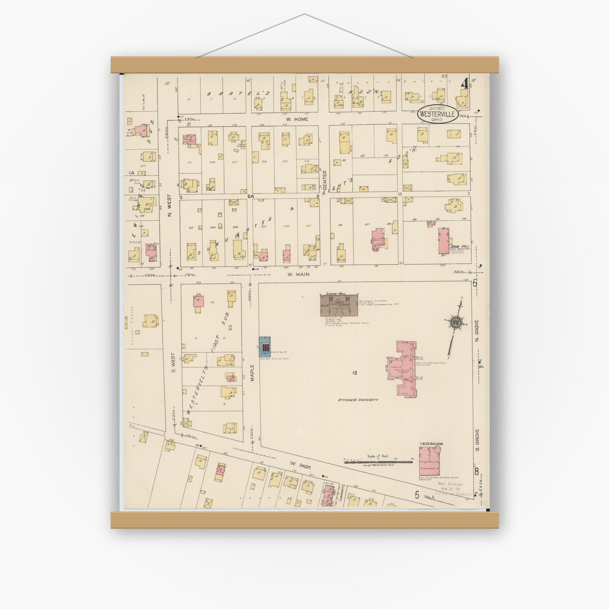 Old map wall art mockup — magnetic wood frame on white wall — Sanborn Fire Insurance Map from Westerville, Franklin County, Ohio (1922), Sheet #0004