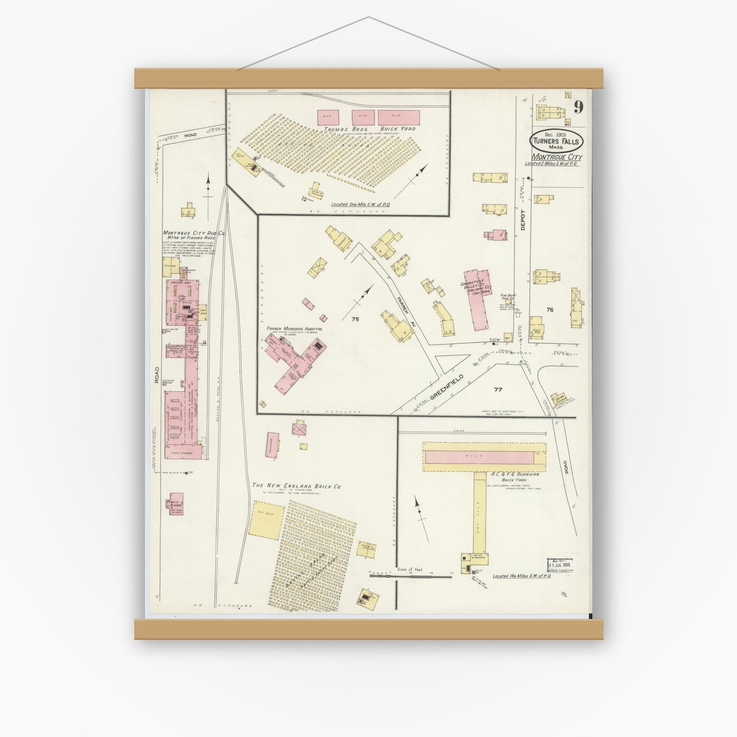 Old map wall art mockup — magnetic wood frame on white wall — Sanborn Fire Insurance Map from Turners Falls, Franklin County, Massachusetts (1909), Sheet #0009