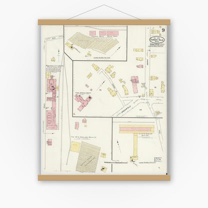 Old map wall art mockup — magnetic wood frame on white wall — Sanborn Fire Insurance Map from Turners Falls, Franklin County, Massachusetts (1909), Sheet #0009
