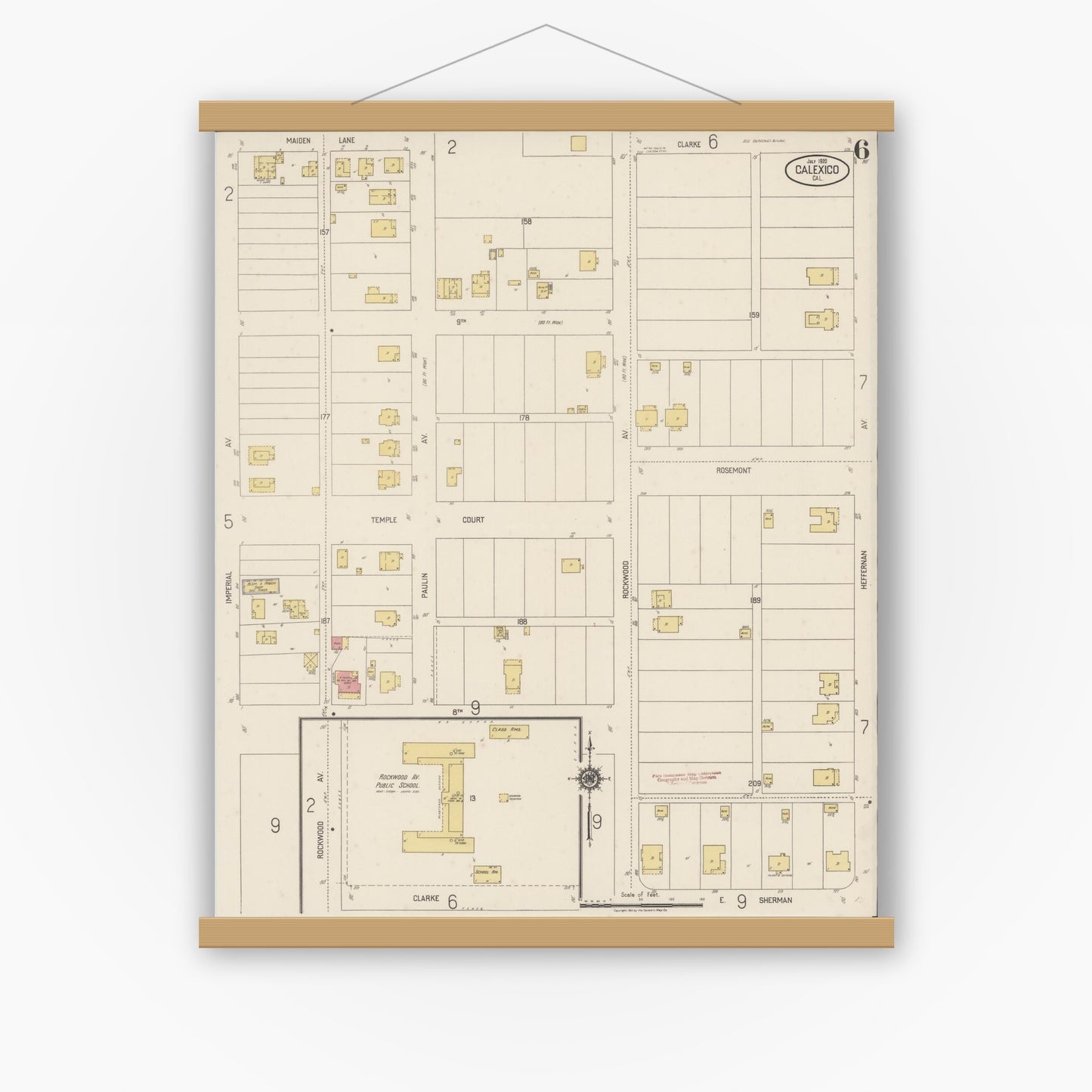 Old map wall art mockup — magnetic wood frame on white wall — Sanborn Fire Insurance Map from Calexico, Imperial County, California (1920), Sheet #0006