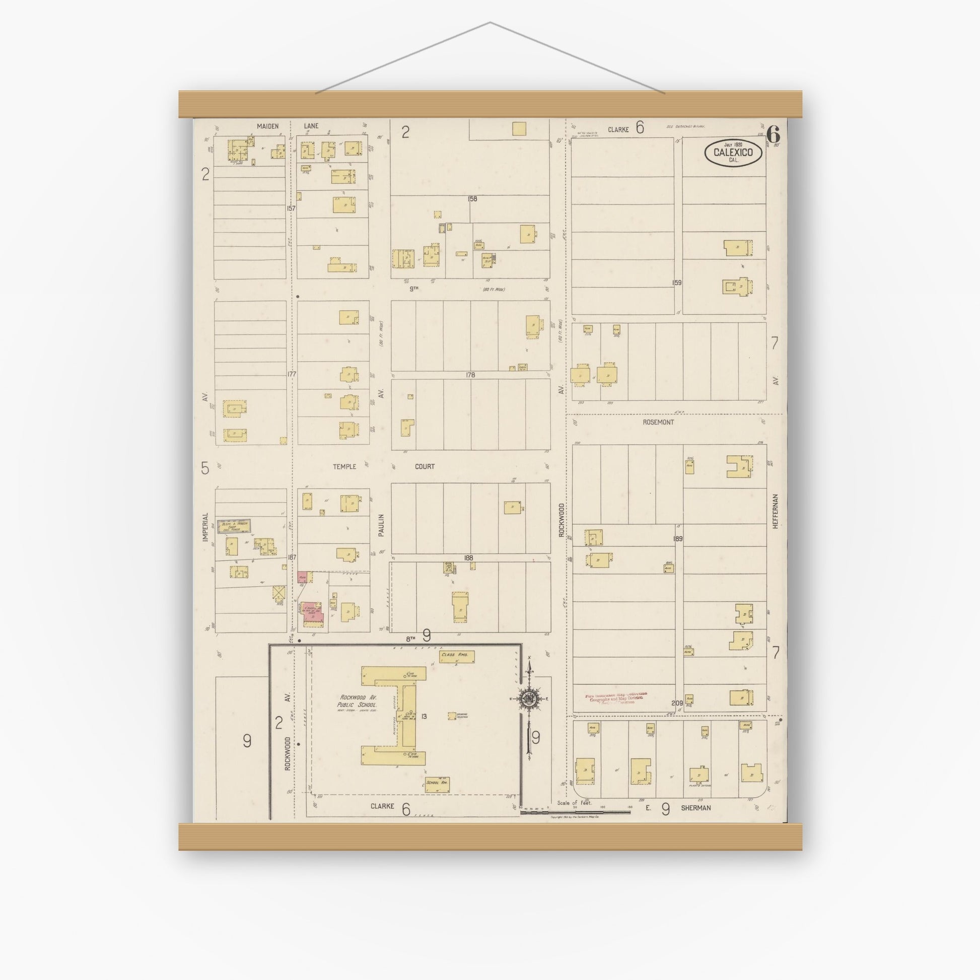 Old map wall art mockup — magnetic wood frame on white wall — Sanborn Fire Insurance Map from Calexico, Imperial County, California (1920), Sheet #0006
