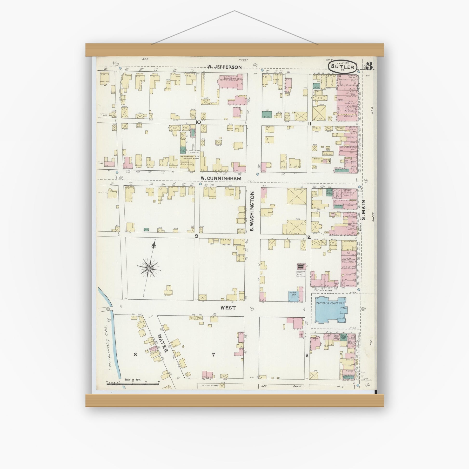 Old map wall art mockup — magnetic wood frame on white wall — Sanborn Fire Insurance Map from Butler, Butler County, Pennsylvania (1891), Sheet #0003