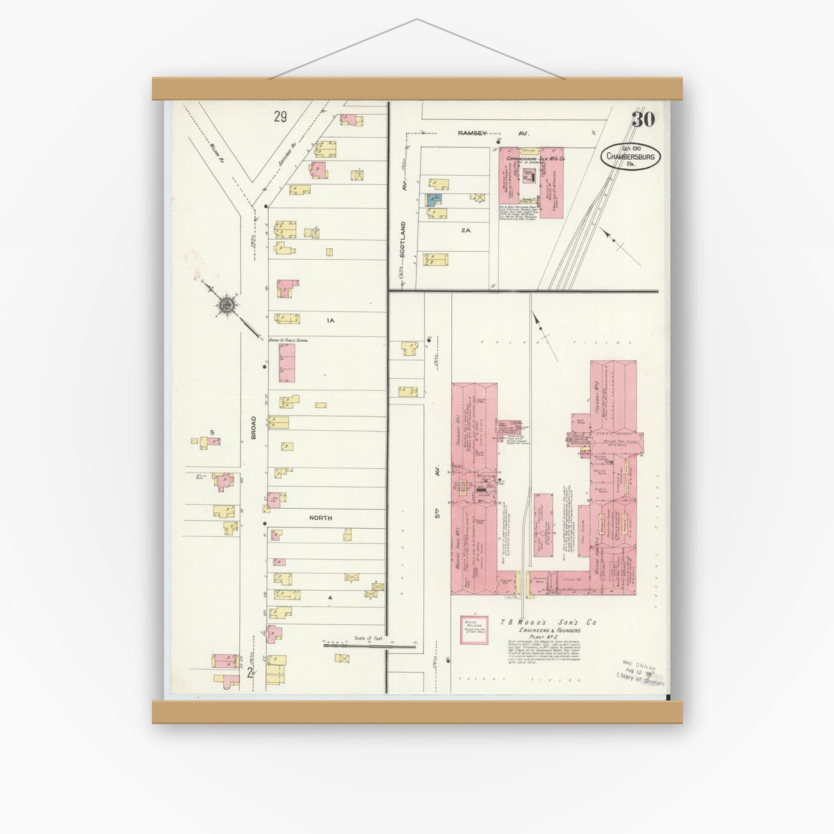 Old map wall art mockup — magnetic wood frame on white wall — Sanborn Fire Insurance Map from Chambersburg, Franklin County, Pennsylvania (1910), Sheet #0030