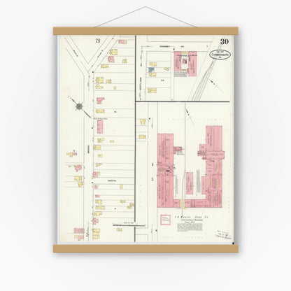 Old map wall art mockup — magnetic wood frame on white wall — Sanborn Fire Insurance Map from Chambersburg, Franklin County, Pennsylvania (1910), Sheet #0030