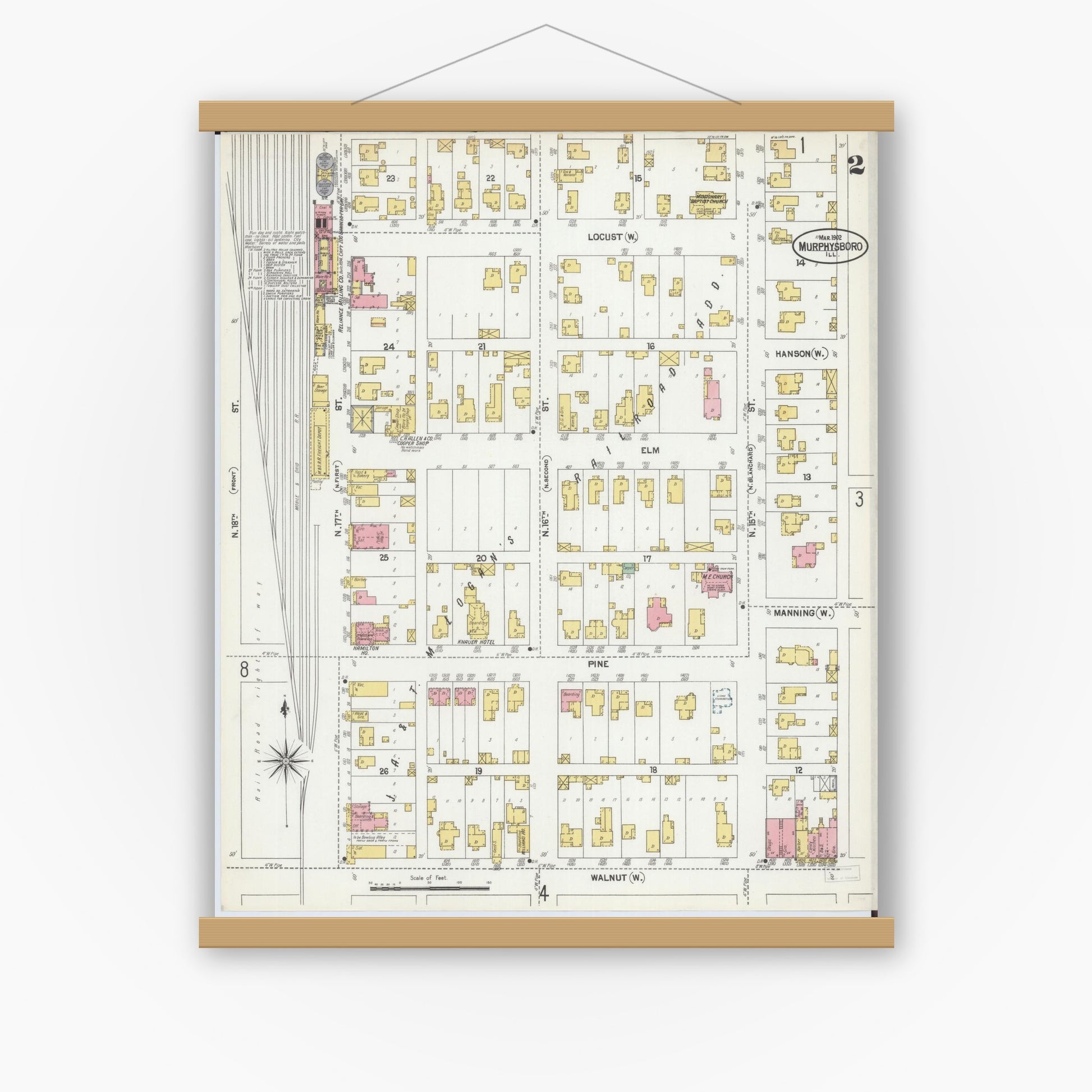 Old map wall art mockup — magnetic wood frame on white wall — Sanborn Fire Insurance Map from Murphysboro, Jackson County, Illinois (1902), Sheet #0002