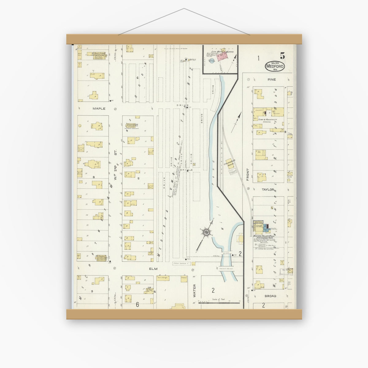 Old map wall art mockup — magnetic wood frame on white wall — Sanborn Fire Insurance Map from Medford, Taylor County, Wisconsin (1913), Sheet #0005