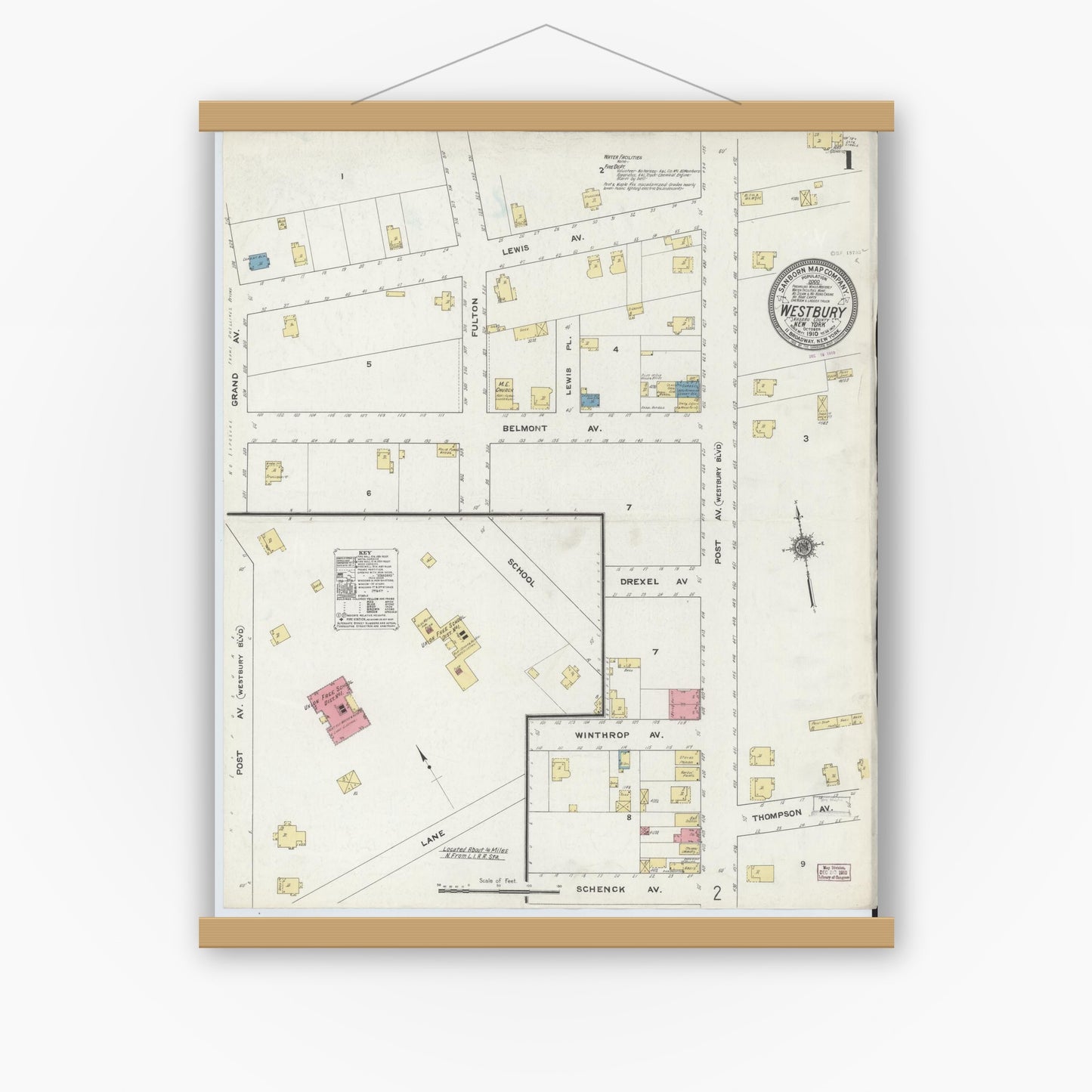 Old map wall art mockup — magnetic wood frame on white wall — Sanborn Fire Insurance Map from Westbury, Nassau County, New York (1910), Sheet #0001