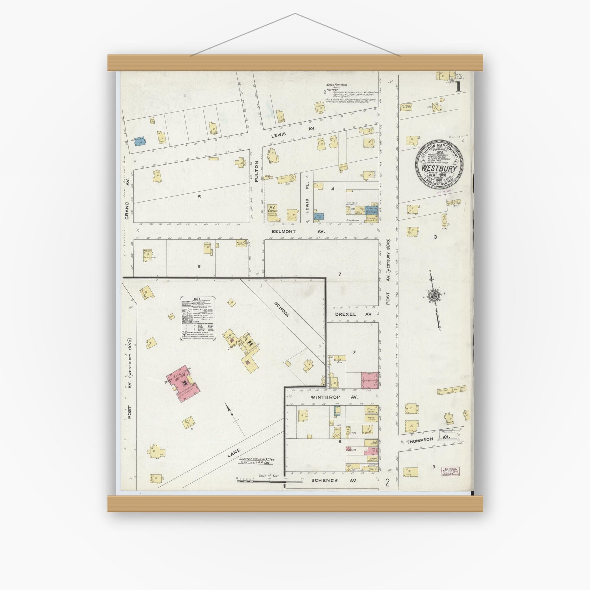 Old map wall art mockup — magnetic wood frame on white wall — Sanborn Fire Insurance Map from Westbury, Nassau County, New York (1910), Sheet #0001