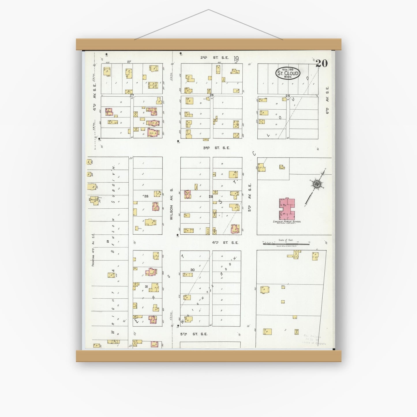 Old map wall art mockup — magnetic wood frame on white wall — Sanborn Fire Insurance Map from Saint Cloud, Stearns, Benton, and Sherburne Counties, Minnesota (1919), Sheet #0020
