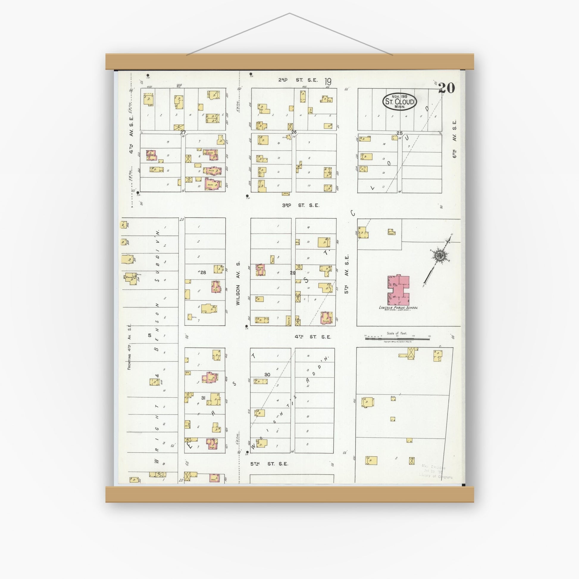 Old map wall art mockup — magnetic wood frame on white wall — Sanborn Fire Insurance Map from Saint Cloud, Stearns, Benton, and Sherburne Counties, Minnesota (1919), Sheet #0020