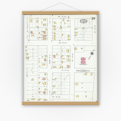 Old map wall art mockup — magnetic wood frame on white wall — Sanborn Fire Insurance Map from Saint Cloud, Stearns, Benton, and Sherburne Counties, Minnesota (1919), Sheet #0020