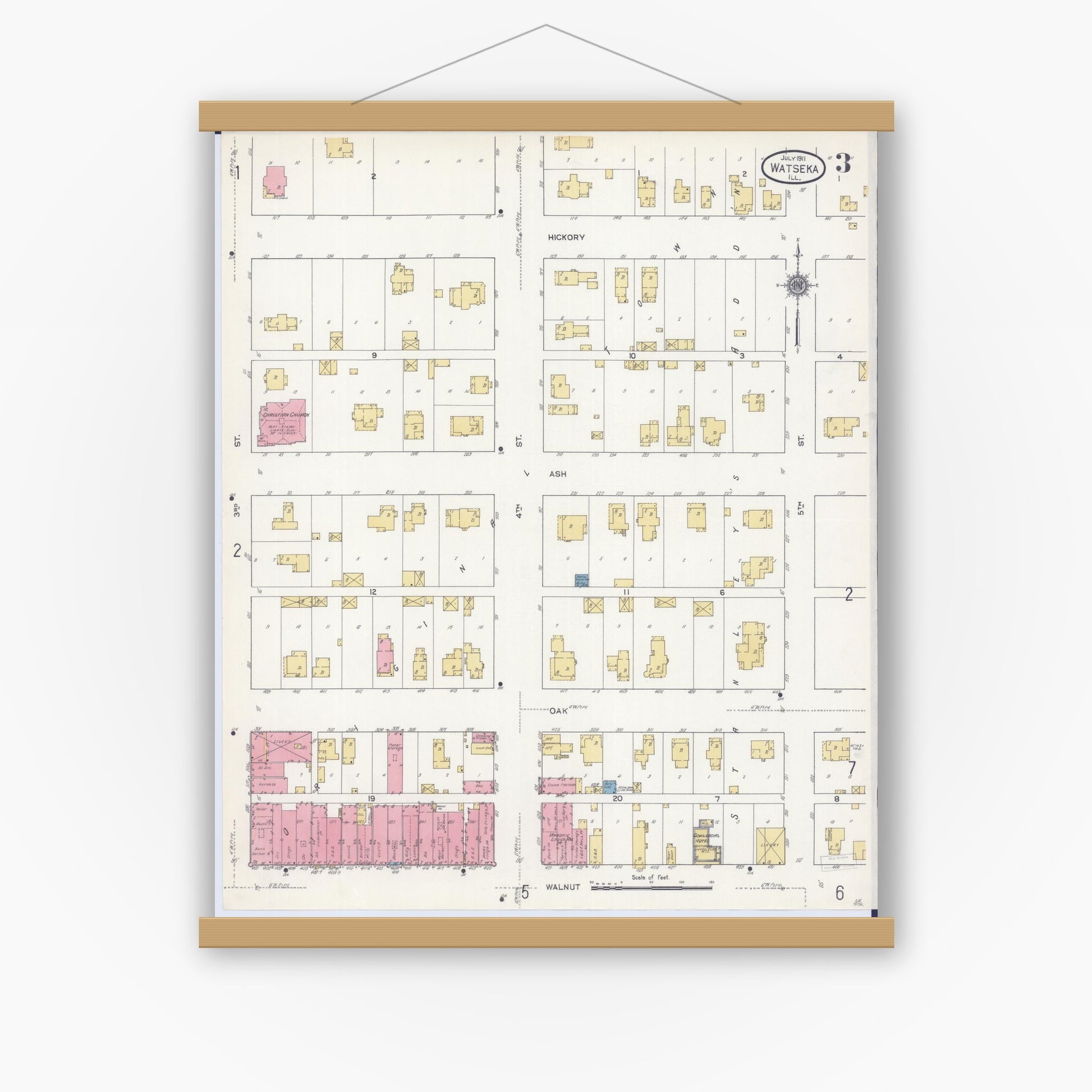 Old map wall art mockup — magnetic wood frame on white wall — Sanborn Fire Insurance Map from Watseka, Iroquois County, Illinois (1911), Sheet #0003