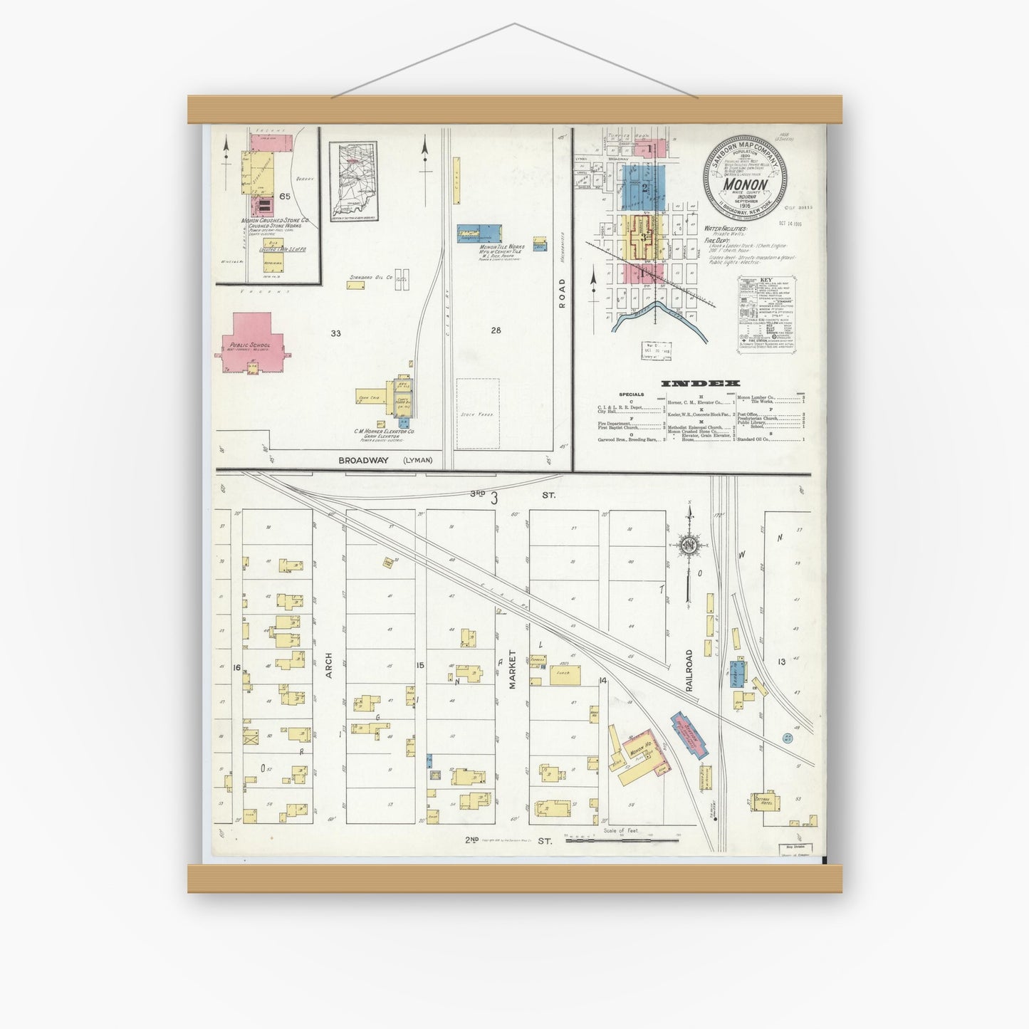 Old map wall art mockup — magnetic wood frame on white wall — Sanborn Fire Insurance Map from Monon, White County, Indiana (1916), Sheet #0001