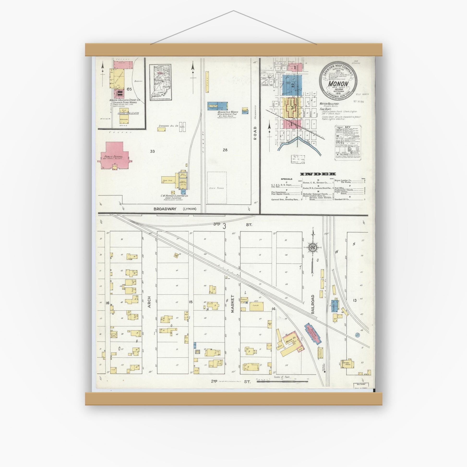 Old map wall art mockup — magnetic wood frame on white wall — Sanborn Fire Insurance Map from Monon, White County, Indiana (1916), Sheet #0001