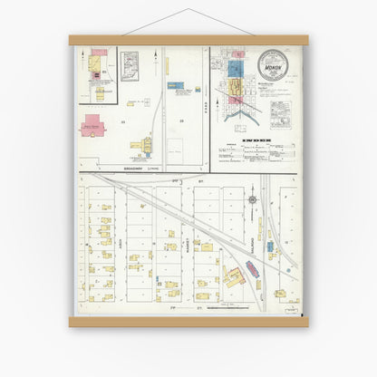 Old map wall art mockup — magnetic wood frame on white wall — Sanborn Fire Insurance Map from Monon, White County, Indiana (1916), Sheet #0001