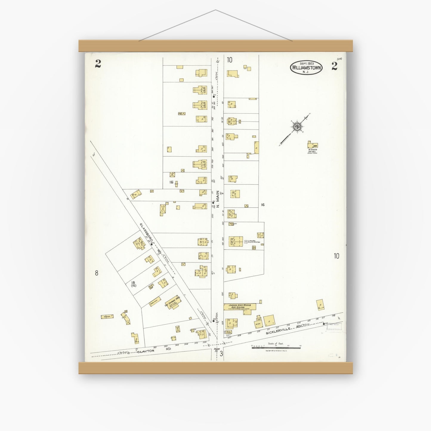 Old map wall art mockup — magnetic wood frame on white wall — Sanborn Fire Insurance Map from Williamstown, Gloucester County, New Jersey (1923), Sheet #0002