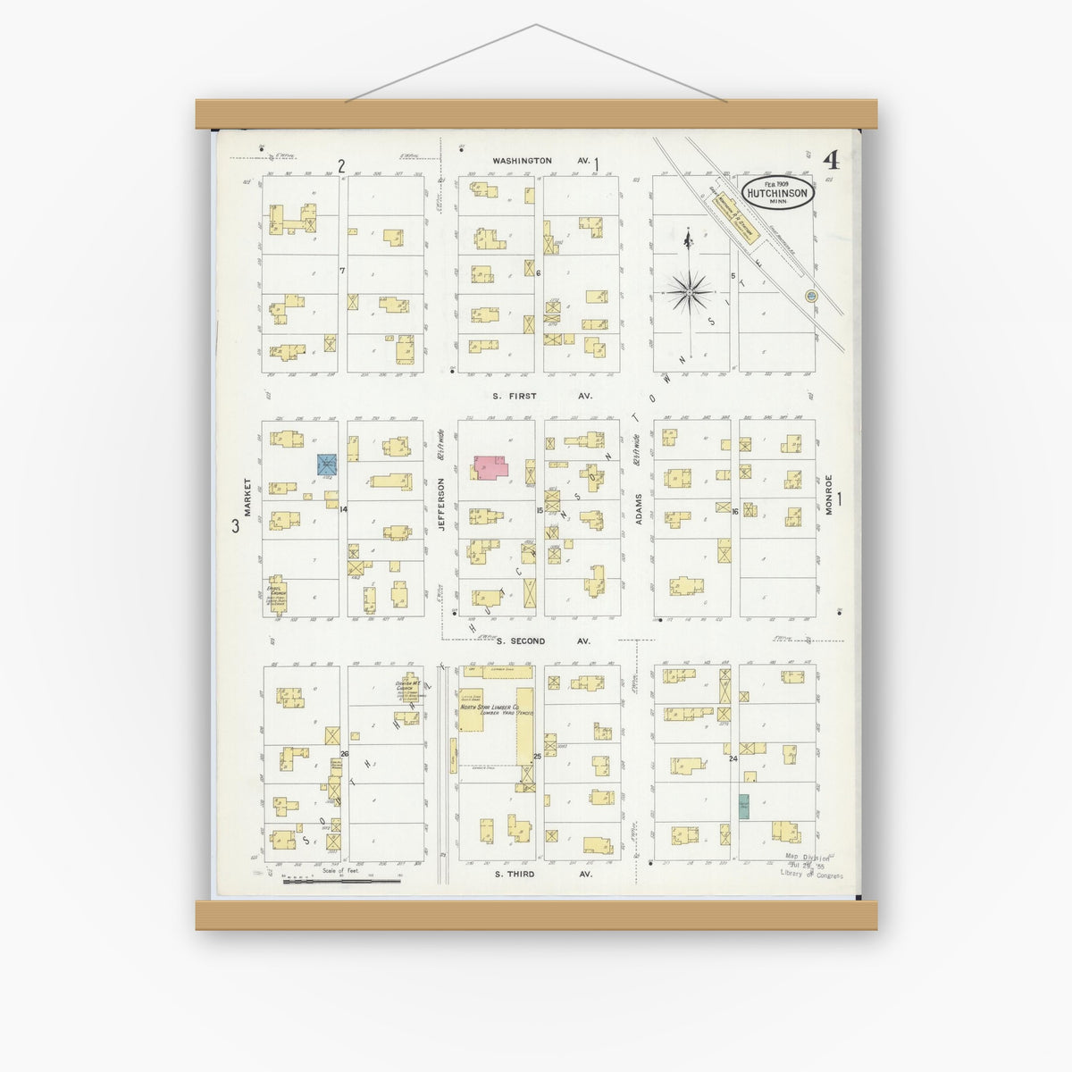 Old map wall art mockup — magnetic wood frame on white wall — Sanborn Fire Insurance Map from Hutchinson, Mcleod County, Minnesota (1909), Sheet #0004