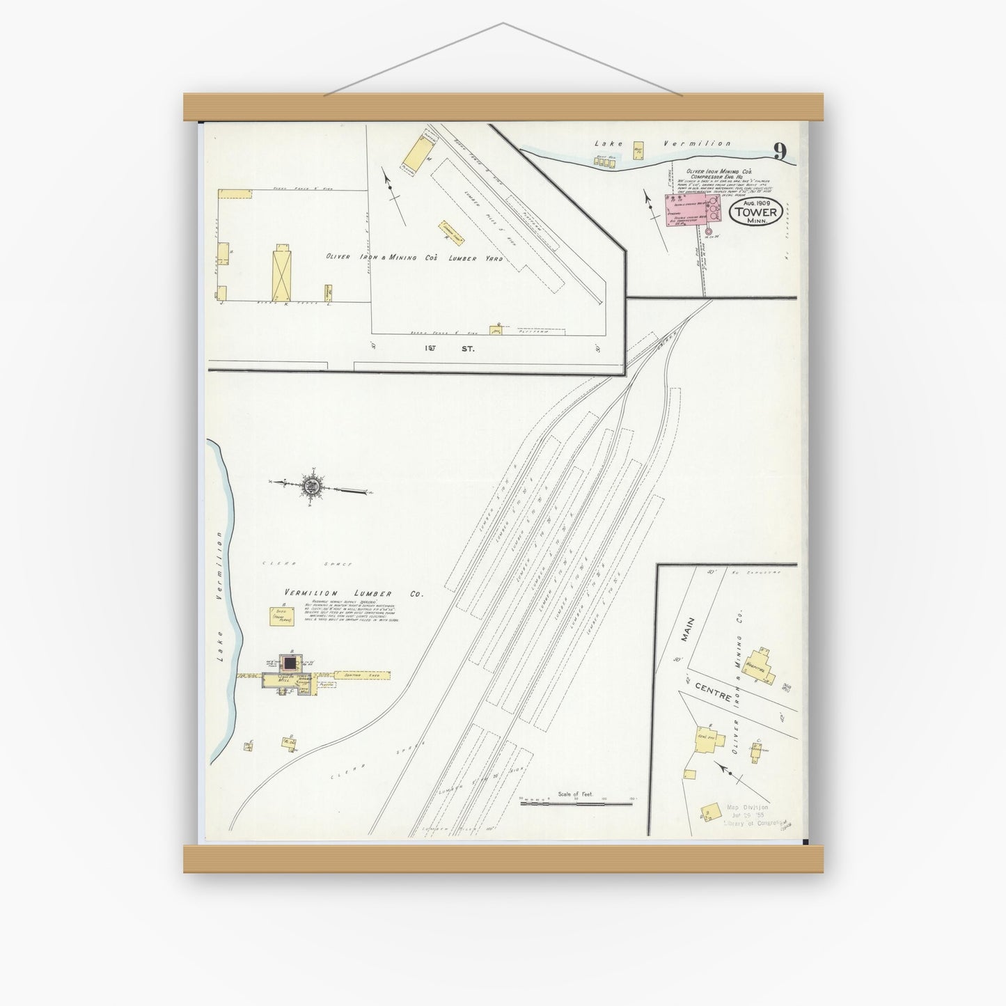 Old map wall art mockup — magnetic wood frame on white wall — Sanborn Fire Insurance Map from Tower, Saint Louis County, Minnesota (1909), Sheet #0009