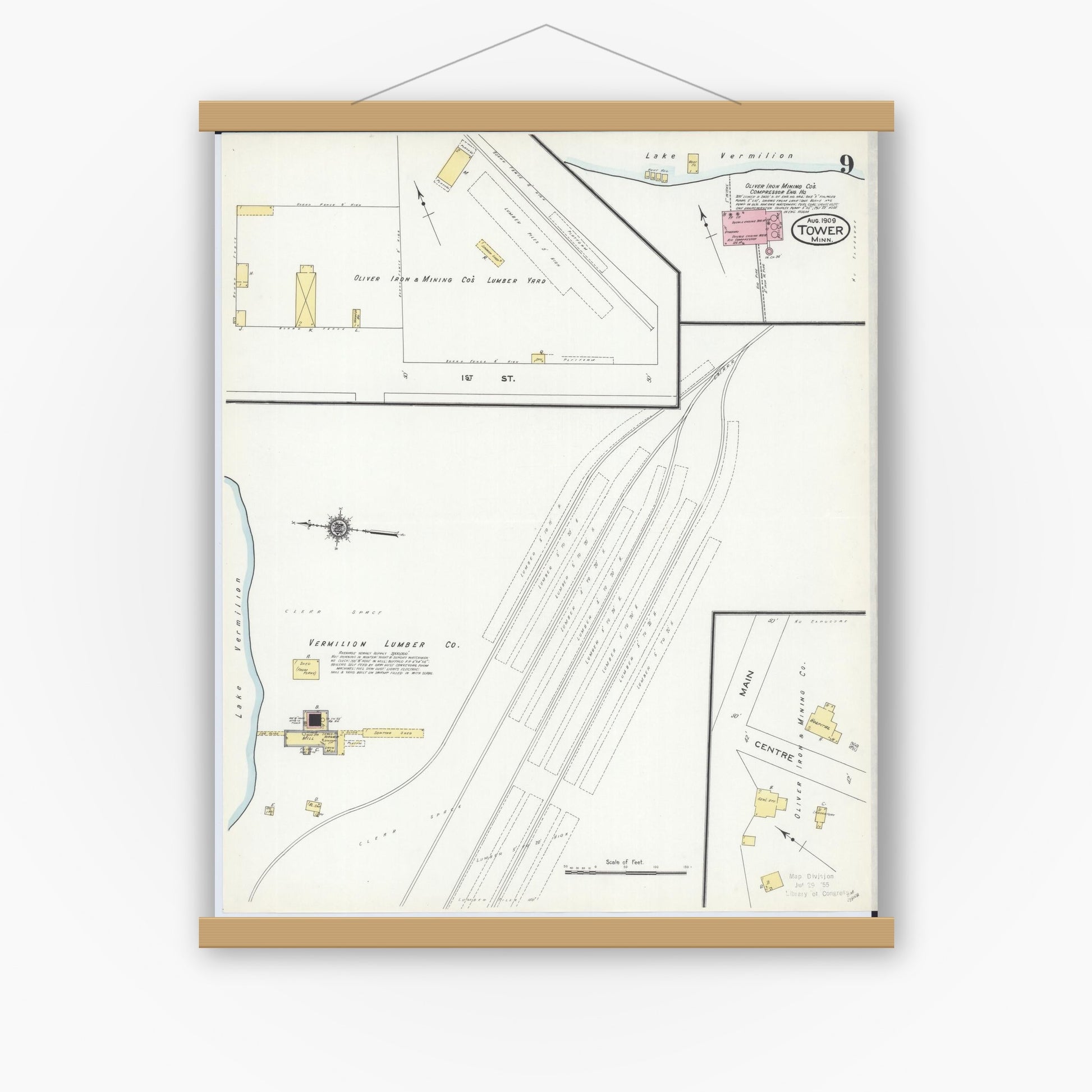 Old map wall art mockup — magnetic wood frame on white wall — Sanborn Fire Insurance Map from Tower, Saint Louis County, Minnesota (1909), Sheet #0009