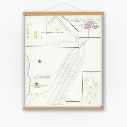 Old map wall art mockup — magnetic wood frame on white wall — Sanborn Fire Insurance Map from Tower, Saint Louis County, Minnesota (1909), Sheet #0009