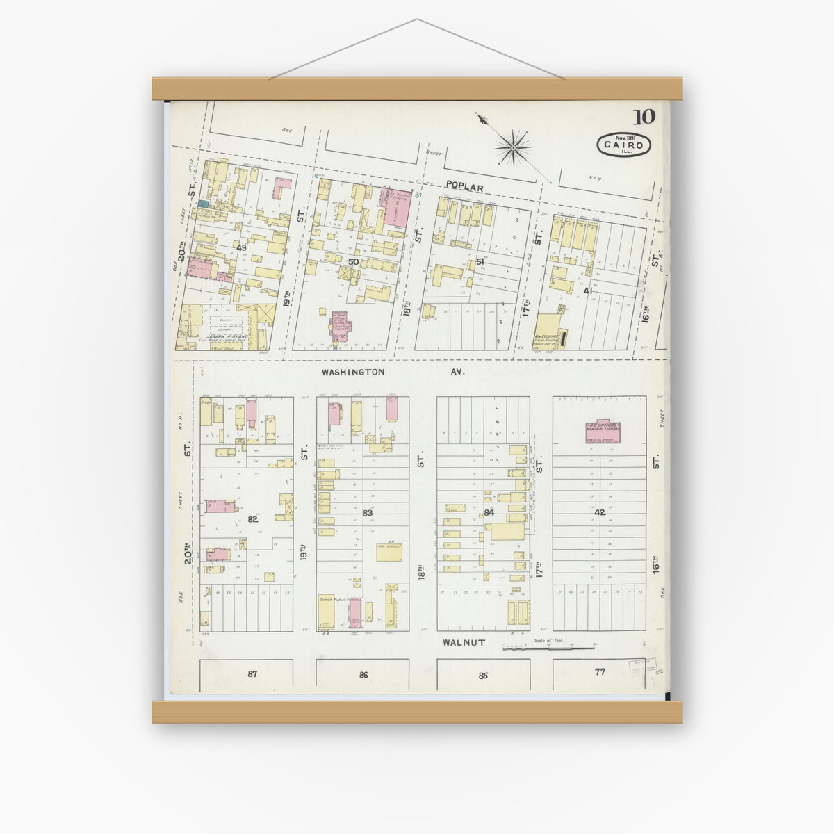Old map wall art mockup — magnetic wood frame on white wall — Sanborn Fire Insurance Map from Cairo, Alexander County, Illinois (1891), Sheet #0010