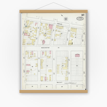 Old map wall art mockup — magnetic wood frame on white wall — Sanborn Fire Insurance Map from Cairo, Alexander County, Illinois (1891), Sheet #0010