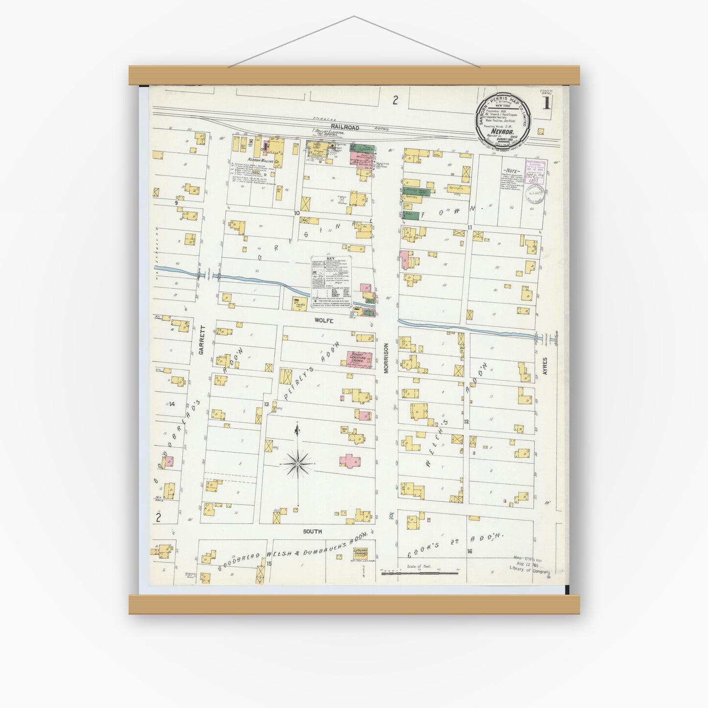 Old map wall art mockup — magnetic wood frame on white wall — Sanborn Fire Insurance Map from Nevada, Wyandot County, Ohio (1901) - Complete Map Set