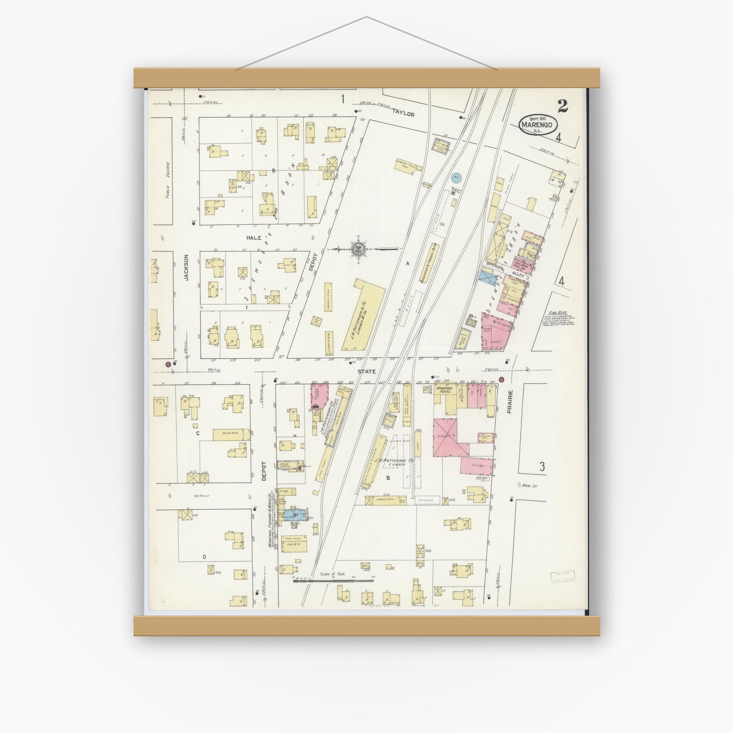 Old map wall art mockup — magnetic wood frame on white wall — Sanborn Fire Insurance Map from Marengo, McHenry County, Illinois (1912), Sheet #0002