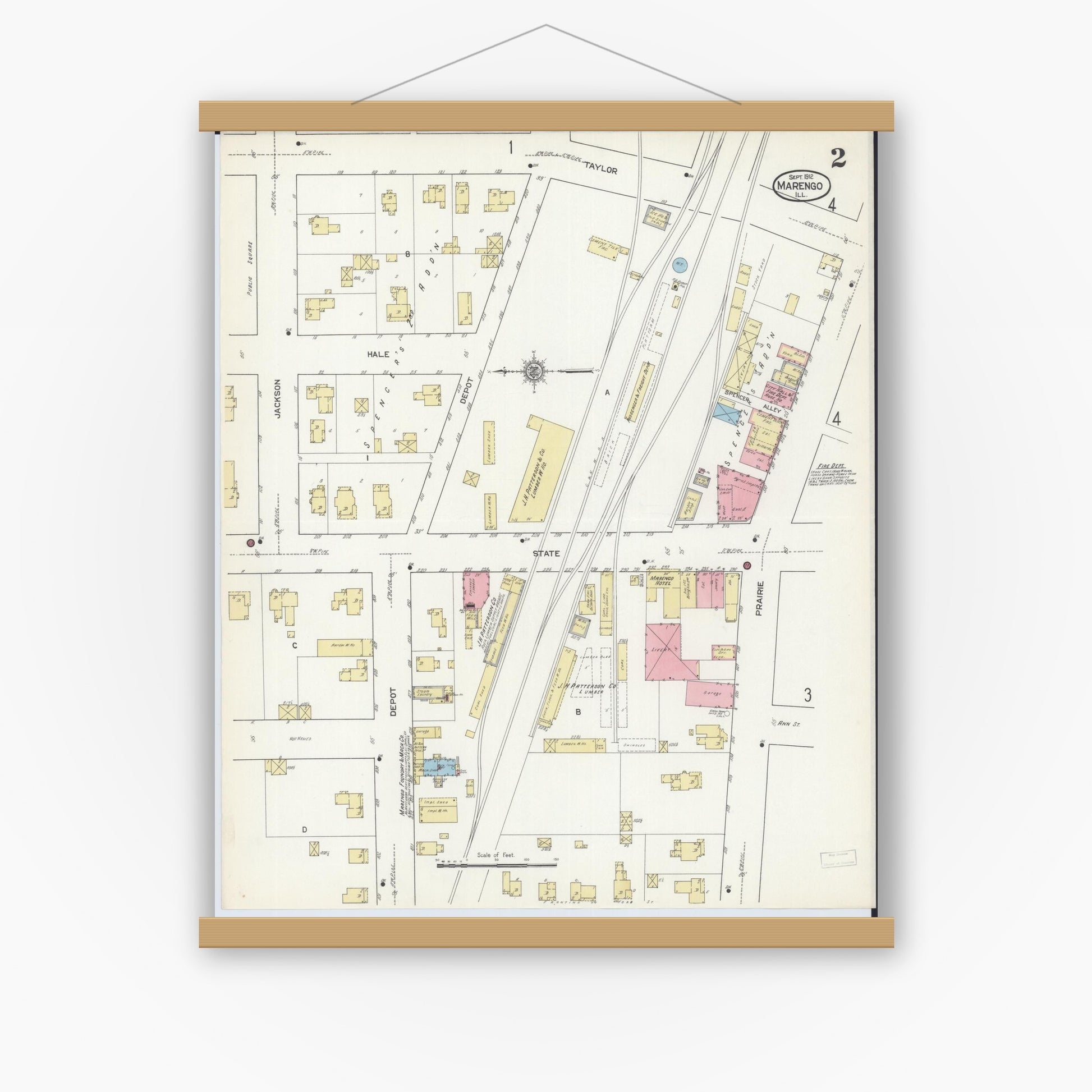 Old map wall art mockup — magnetic wood frame on white wall — Sanborn Fire Insurance Map from Marengo, McHenry County, Illinois (1912), Sheet #0002