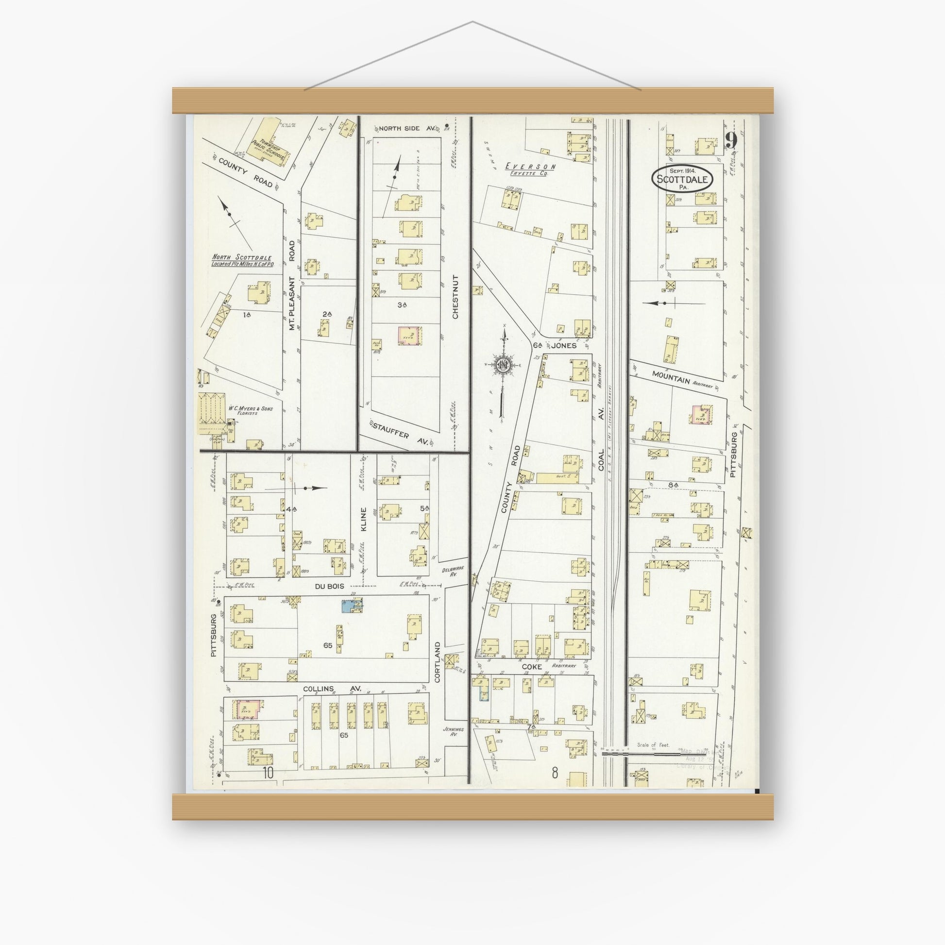 Old map wall art mockup — magnetic wood frame on white wall — Sanborn Fire Insurance Map from Scottdale, Westmoreland County, Pennsylvania (1914), Sheet #0009