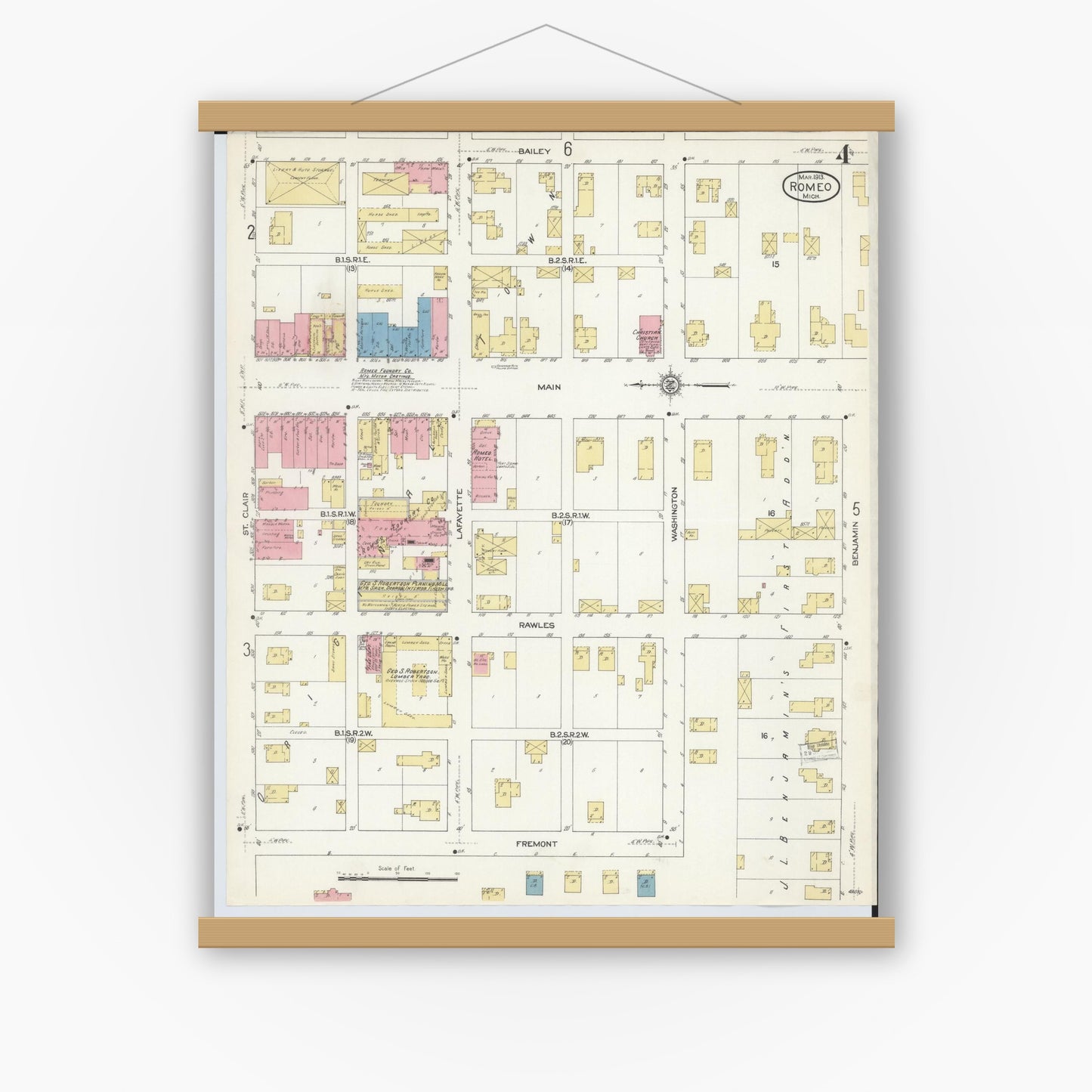 Old map wall art mockup — magnetic wood frame on white wall — Sanborn Fire Insurance Map from Romeo, Macomb County, Michigan (1913), Sheet #0004