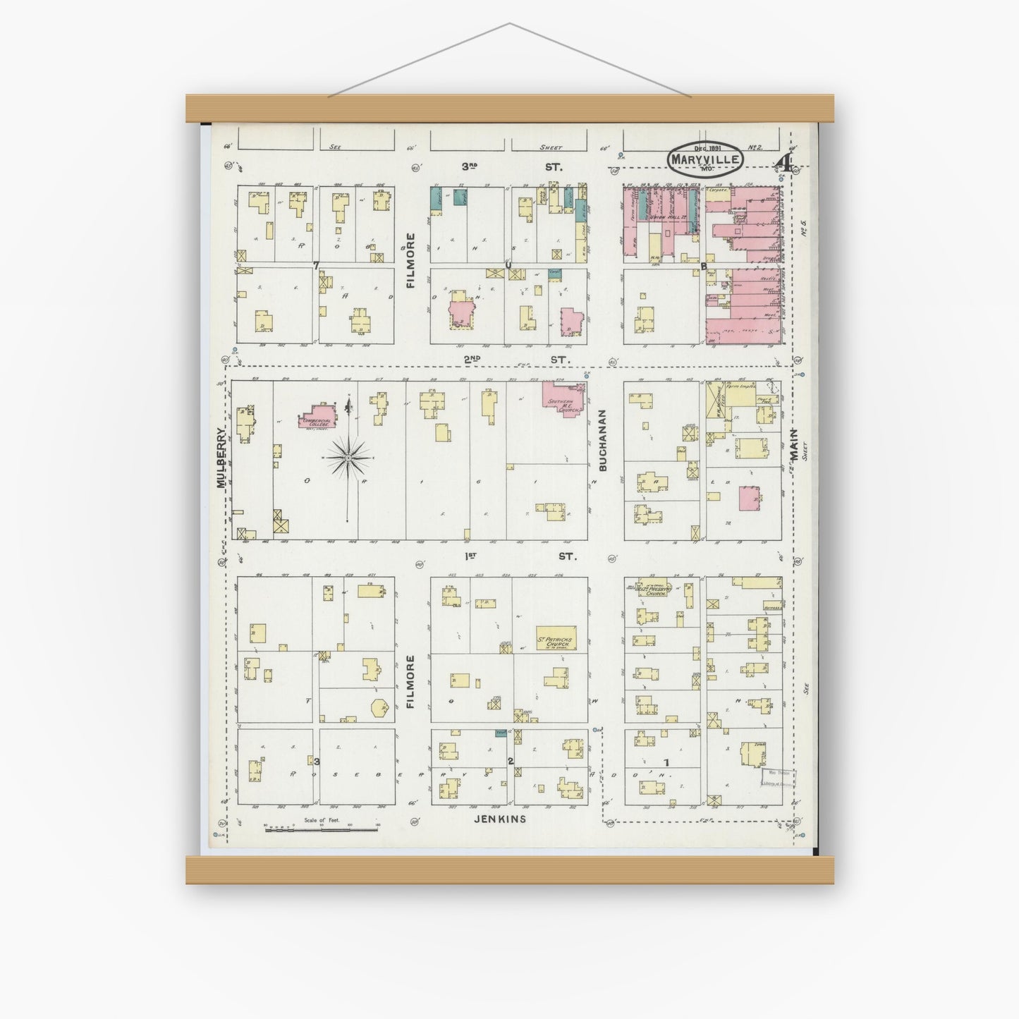 Old map wall art mockup — magnetic wood frame on white wall — Sanborn Fire Insurance Map from Maryville, Nodaway County, Missouri (1891), Sheet #0004
