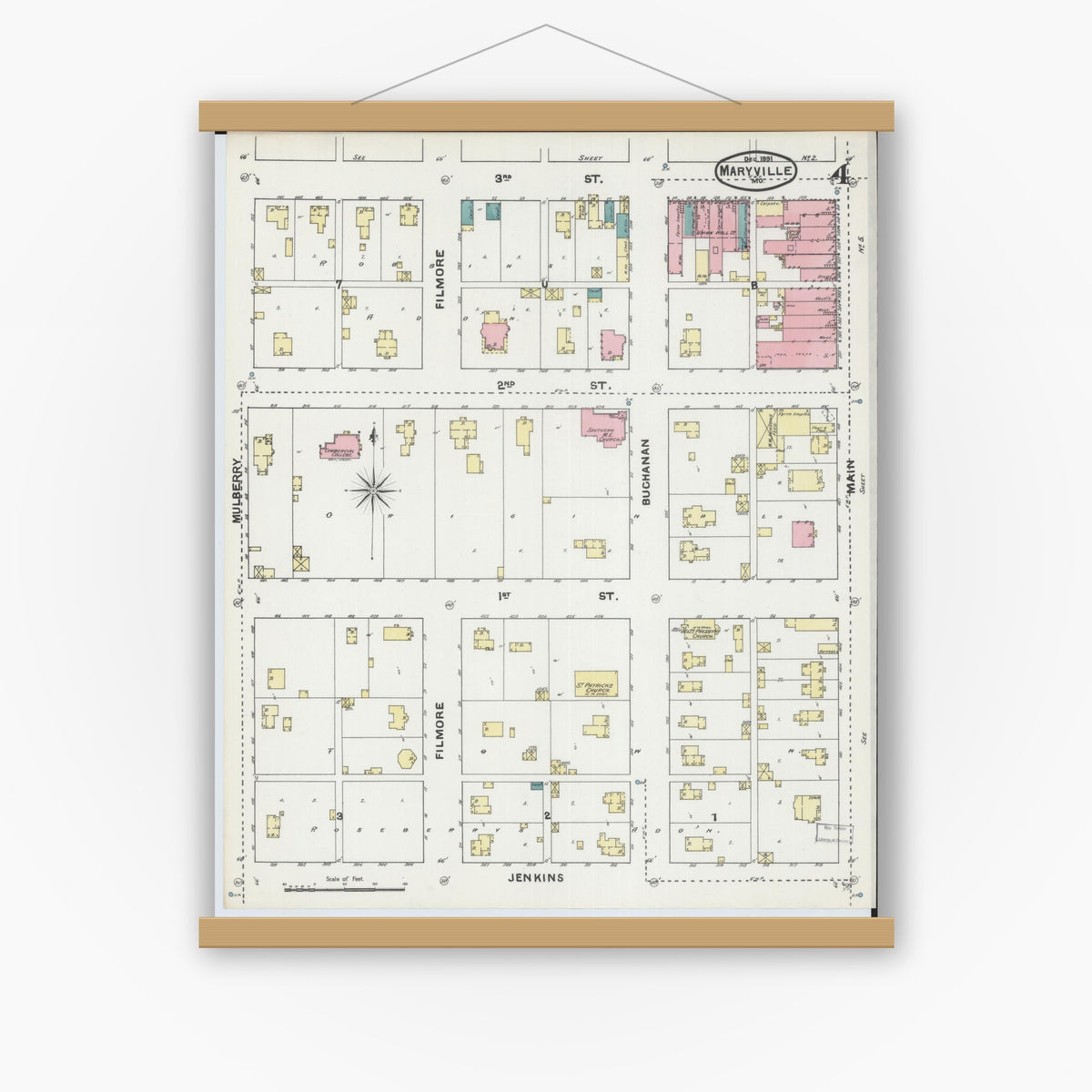 Old map wall art mockup — magnetic wood frame on white wall — Sanborn Fire Insurance Map from Maryville, Nodaway County, Missouri (1891), Sheet #0004