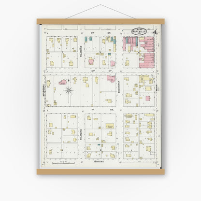 Old map wall art mockup — magnetic wood frame on white wall — Sanborn Fire Insurance Map from Maryville, Nodaway County, Missouri (1891), Sheet #0004
