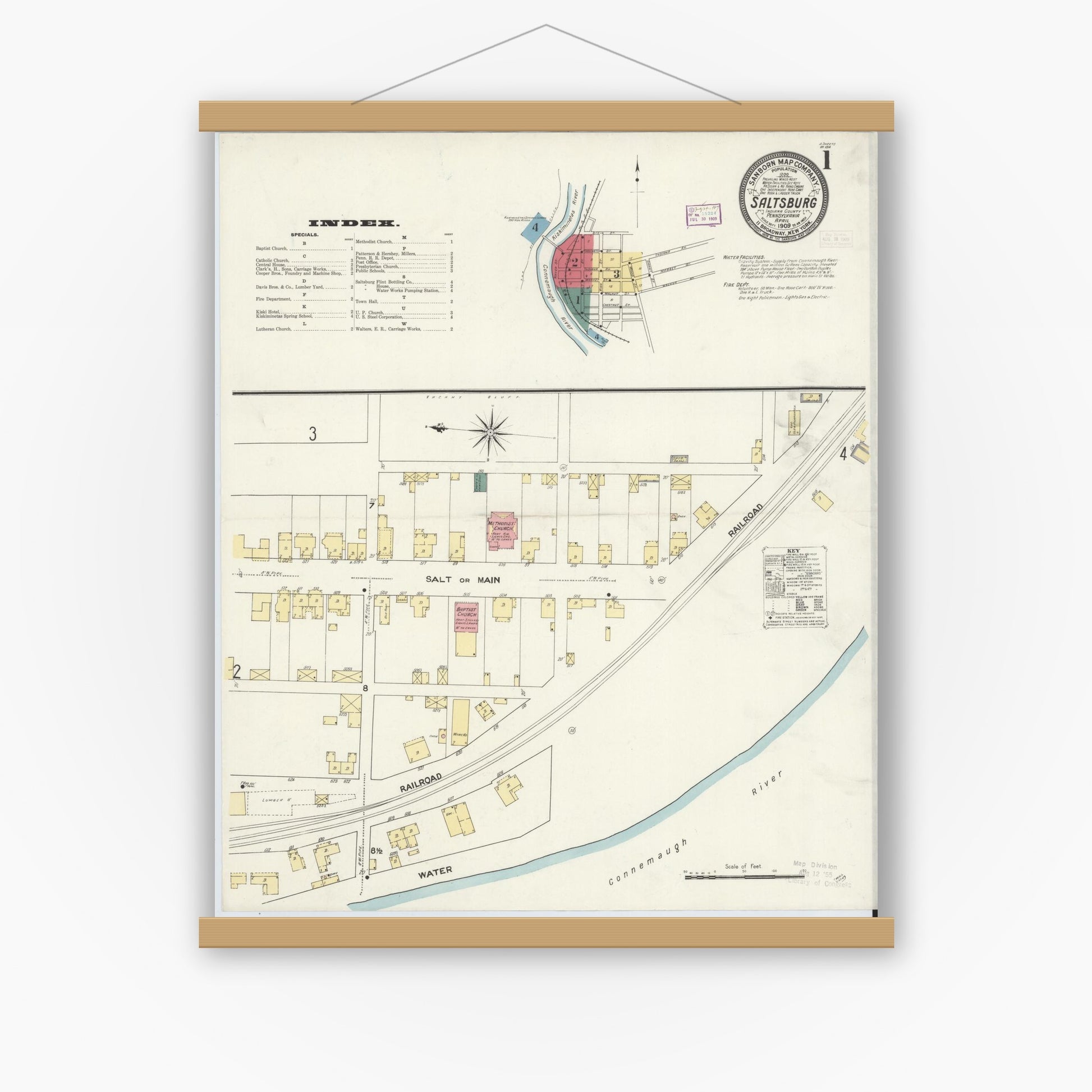 Old map wall art mockup — magnetic wood frame on white wall — Sanborn Fire Insurance Map from Saltsburg, Indiana County, Pennsylvania (1909) - Complete Map Set