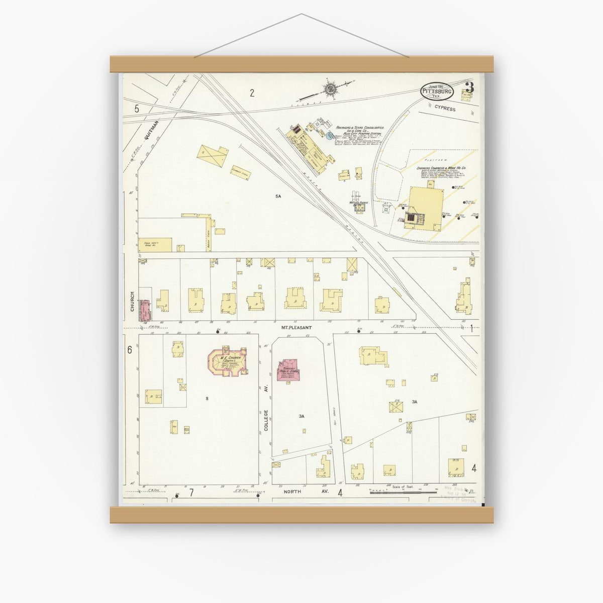 Old map wall art mockup — magnetic wood frame on white wall — Sanborn Fire Insurance Map from Pittsburg, Camp County, Texas (1911), Sheet #0003