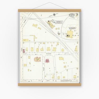 Old map wall art mockup — magnetic wood frame on white wall — Sanborn Fire Insurance Map from Pittsburg, Camp County, Texas (1911), Sheet #0003