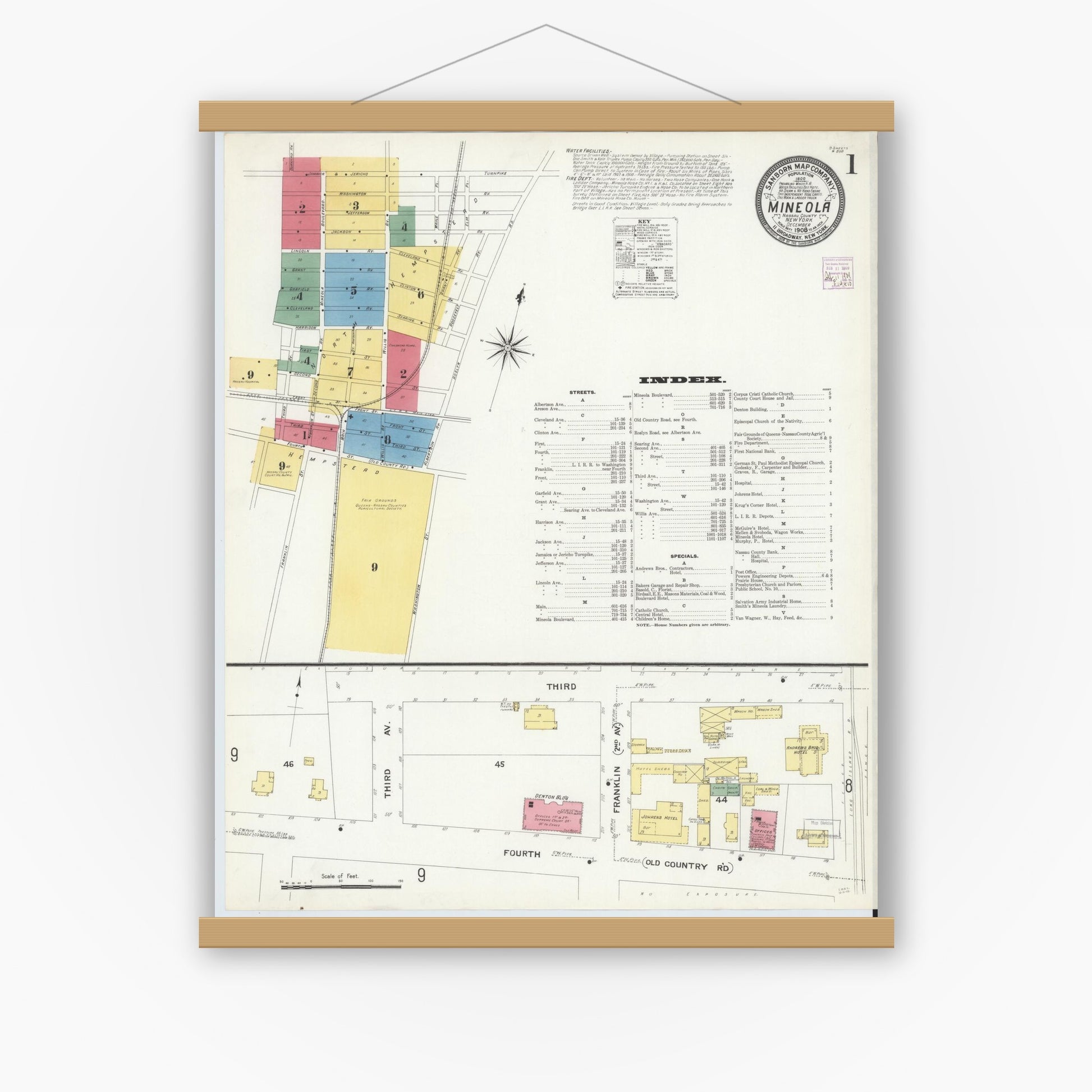 Old map wall art mockup — magnetic wood frame on white wall — Sanborn Fire Insurance Map from Mineola, Nassau County, New York (1908) - Complete Map Set