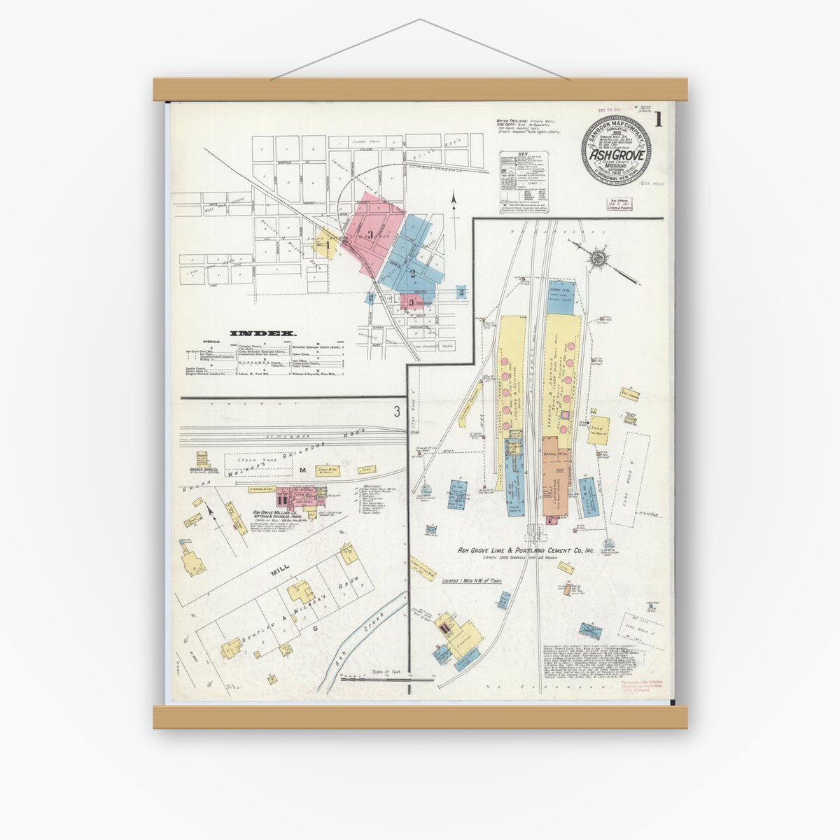 Old map wall art mockup — magnetic wood frame on white wall — Sanborn Fire Insurance Map from Ash Grove, Greene County, Missouri (1910) - Complete Map Set