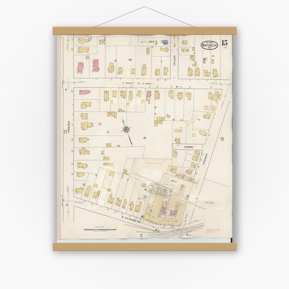Old map wall art mockup — magnetic wood frame on white wall — Sanborn Fire Insurance Map from Waterloo, Seneca County, New York (1948), Sheet #0015