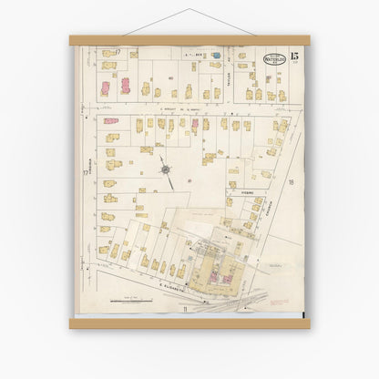 Old map wall art mockup — magnetic wood frame on white wall — Sanborn Fire Insurance Map from Waterloo, Seneca County, New York (1948), Sheet #0015