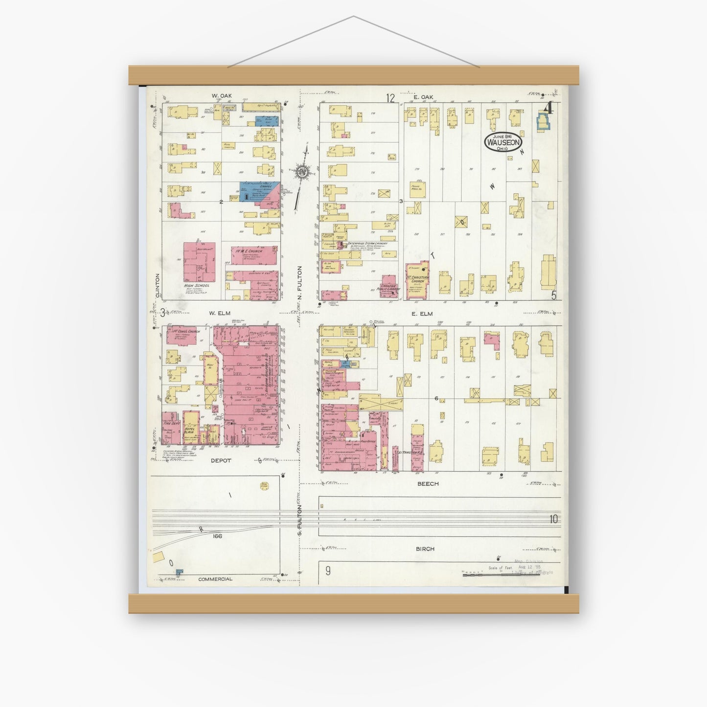 Old map wall art mockup — magnetic wood frame on white wall — Sanborn Fire Insurance Map from Wauseon, Fulton County, Ohio (1916), Sheet #0004