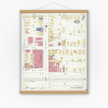 Old map wall art mockup — magnetic wood frame on white wall — Sanborn Fire Insurance Map from Wauseon, Fulton County, Ohio (1916), Sheet #0004