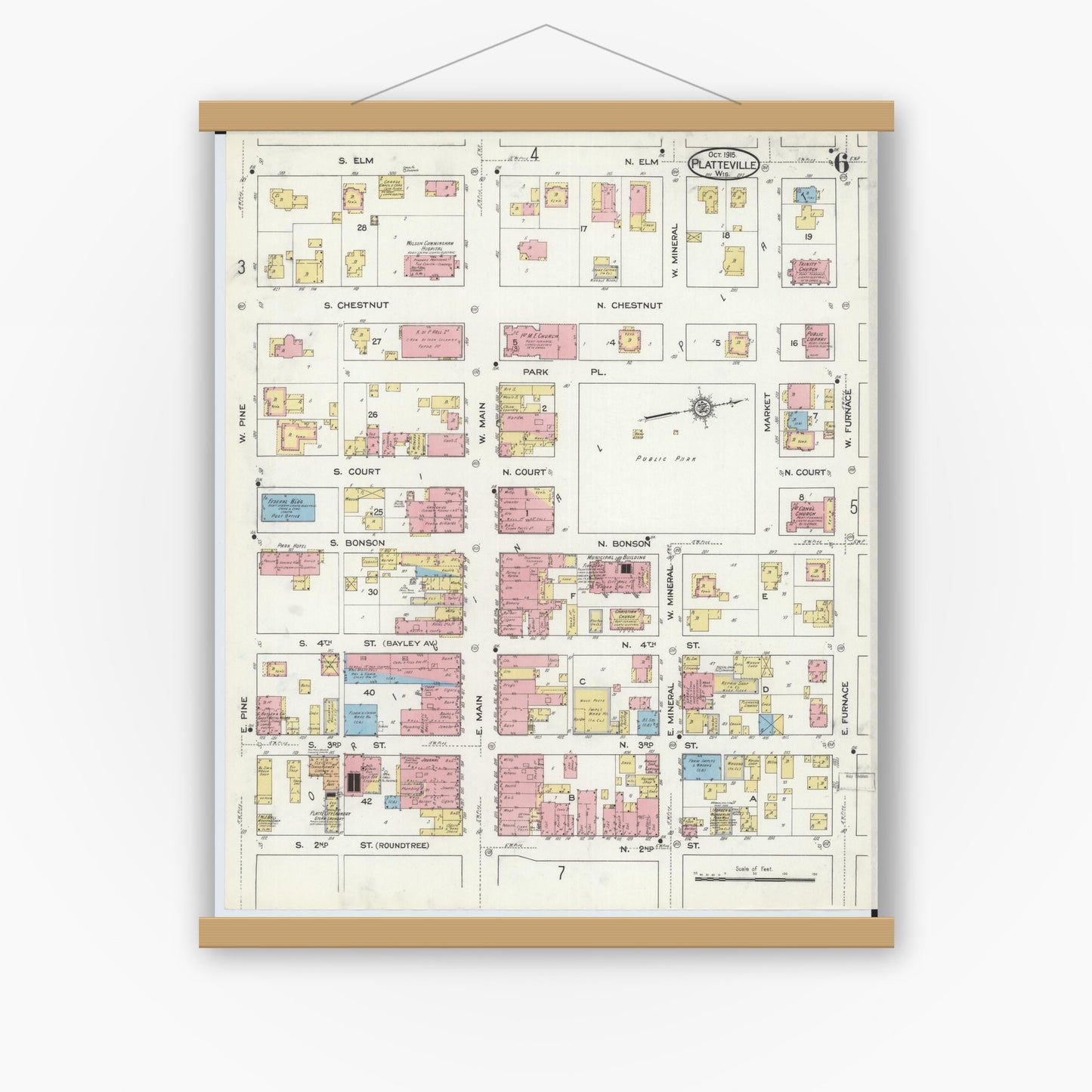 Old map wall art mockup — magnetic wood frame on white wall — Sanborn Fire Insurance Map from Platteville, Grant County, Wisconsin (1915), Sheet #0006
